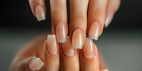 A woman's hands with a clear coat of nail polish. Concept of elegance and sophistication, as the woman's nails are well-manicured and polished