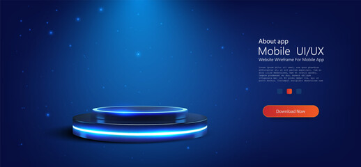Fototapete - 3D illustration of a futuristic glowing podium on a dark blue background. Perfect for showcasing products, technology, or digital presentations with a modern and sleek design. Vector illustration