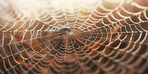 The intricate detail of a spiderweb glistens in the morning dew