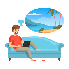 Wall Mural - Freelancer working man sitting with laptop on sofa and working