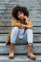 Wall Mural - Urban Chic: Young Woman in Casual Attire Sitting on City Steps with Copy Space for Text