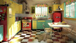 © Irina B - Vintage kitchen with yellow cabinets, red refrigerator, and a checkered floor, evoking a 1950s diner feel