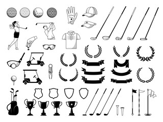 Sticker - Golf collection. Sport equipment for golf game balls stick achievement cups and ribbons with place for text recent vector template collection