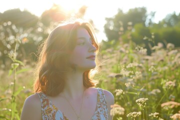 serene model in summer attire standing in sunlit meadow with copyspace on left