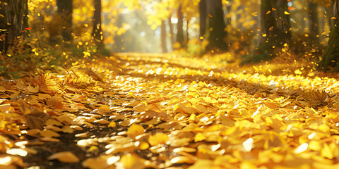 Sticker - Golden hues of autumn leaves carpet a forested path