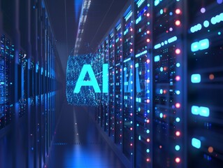 Wall Mural - A blue hologram of the AI logo floating in front of rows and columns of server racks with glowing lights, creating an aura effect