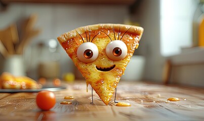 Canvas Print - Cute Cartoon Pizza Character with Big Eyes