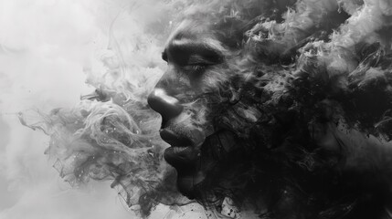 Wall Mural - A black and white photo of a man with smoke coming out from his face, AI