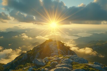 Wall Mural - Golden Sunset Over Mountain Peak With Clouds