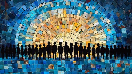 Wall Mural - A group of people standing in front of a mosaic tile, AI