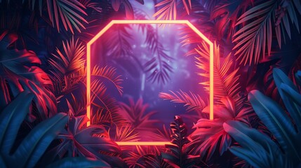 Wall Mural - A trendy hexagon frame design with an abstract neon background and tropical leaves