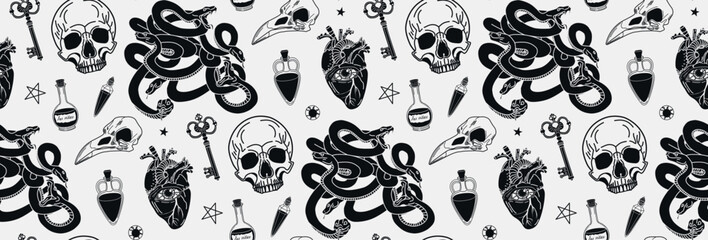 Wall Mural - Seamless pattern. Vector illustration. Alchemical elements. Mystical pattern. Gothic ornament. Halloween pattern. hand drawn magical illustrations. Graphic background in vintage style.
