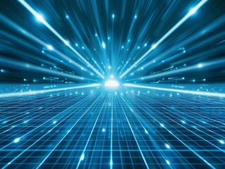 A digital grid background with blue and white lines, glowing light beams in the center of an empty virtual space, representing data flow or futuristic technology 