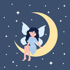 Wall Mural - Girl on moon. Cute little toddler with butterfly wings dreaming in star sky. Magic cute fairy lady rest. Childish night sleep tale, recent vector scene