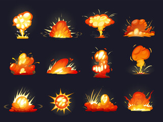 Wall Mural - bomb explosion cartoon effects. explosions of dynamite bomb, gas or rockets. bright fight game eleme