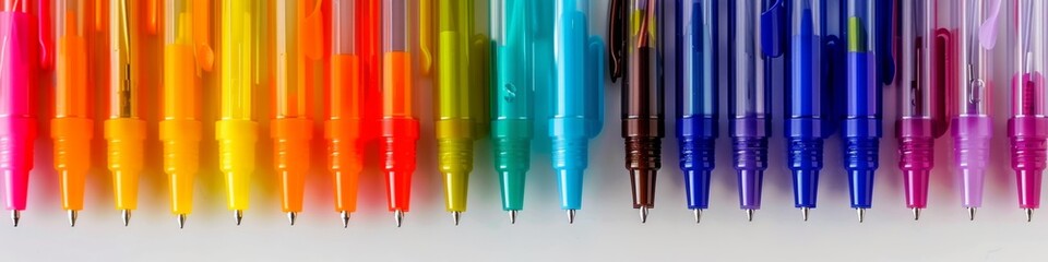 A row of pens of different colors, simple and bright background, beginning of school season, graduation season, study tools and supplies, investment, marketing background, uniqueness, individual indep