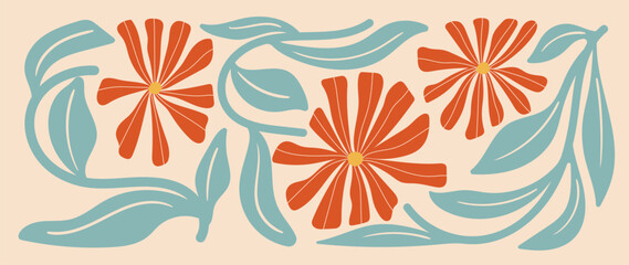 Abstract botanical art background vector. Natural hand drawn pattern design with orange flower, leaves branch. Simple contemporary illustrated Design for fabric, print, cover, banner, wallpaper.