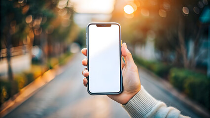 A man's hand holds a black smartphone with a blank screen. Smartphone screen mockup