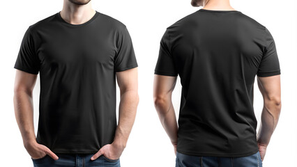 men wearing blank black shirt, front and back view, isolated white background. Polo shirt design, template and layout for printing.