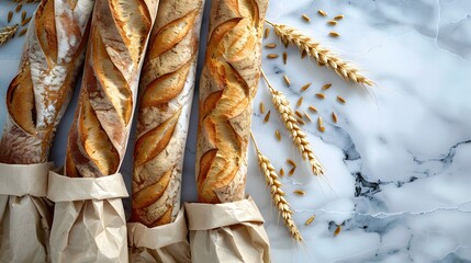 French baguettes in paper bags, with wheat ears scattered around them on the table. The background is a light blue and white marble stone.