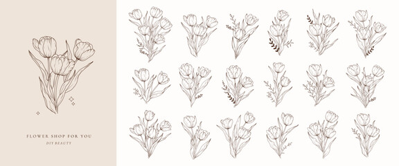 Wall Mural - Set of tulip flower bouquets line art isolated. Spring floral tulips black logo wreath sketch plant. Vector illustration botanical stem, floral bloom