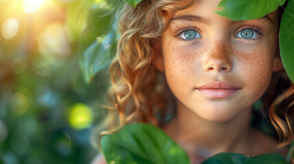 Wall Mural - adorable young girl with blue eyes and freckles, surrounded by lush green leaves in the sunlight