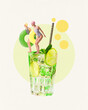 © master1305 - Two women in retros swimsuits, with floating rings standing on mojito cocktail and diving. Contemporary art collage. Concept of summer, vacation, relaxation, travelling. Creative design. Retro style