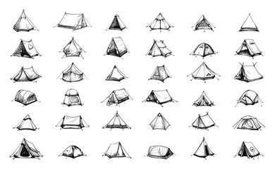 Wall Mural - doodle camping tents set. hand-drawn outdoor shelter sketches, various types of tents, simple illust