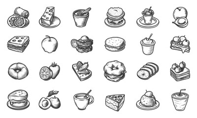 Wall Mural - Doodle Style Breakfast Food Icons Set. Hand Drawn Simple Illustrations of Apples, Bacon, Toast, Pancakes, Coffee, Cheese, Bakery, Fruits. Black Sketches on White Background