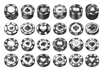 Wall Mural - doodle style casino chips icons set. low detailed, crisp contours. line sketch illustrations on whit