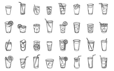 Doodle style cold drinks and lemonade in plastic glasses icons set. Low detailed line sketch with crisp contours white background. Hand-drawn Cold beverages illustrations clipart