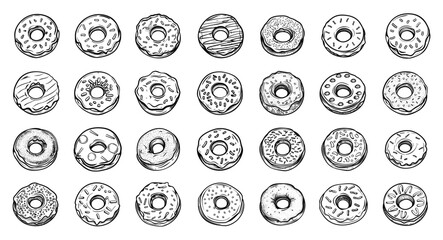 Wall Mural - doodle style cute donuts icons set. low detailed line sketch with crisp contours on a white backgrou