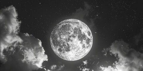 A majestic full moon shines brightly against a backdrop of wispy clouds and twinkling stars in a minimalist black and white photograph.