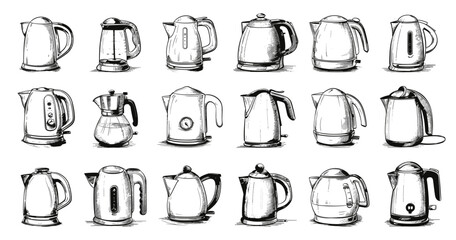 Wall Mural - Doodle Style Electric Kettles Variety Set. Low Detailed, Crisp Contours. Line Sketch Illustrations on White Background. Kitchen Appliances, Tea, Coffee, Boiling, Household Items, Water Boilers