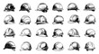 © LadadikArt - Doodle Style Helmet Icons Set. Construction Worker, Safety, Hard Hats, Protective Gear. Hand Drawn Simple Illustrations. Black Sketches on White Background