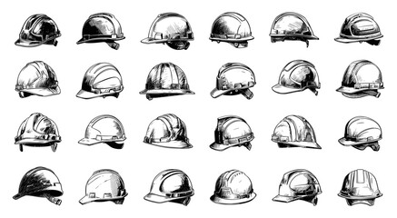 Wall Mural - Doodle Style Helmet Icons Set. Construction Worker, Safety, Hard Hats, Protective Gear. Hand Drawn Simple Illustrations. Black Sketches on White Background
