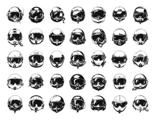 Wall Mural - doodle style jet pilot helmets icons set. hand drawn icons on white background. sketch illustrations