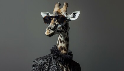Giraffe wearing a fancy dress in an isolated studio backdrop