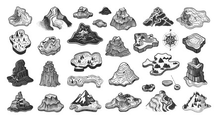 Sticker - Doodle Topographic Map Details Set. Hand-Drawn Icons for Mapping. Simple Sketch Style. Black Symbols on White Background. Cartography Elements, Terrain Features, Map Making Tools, Landscape Sketches