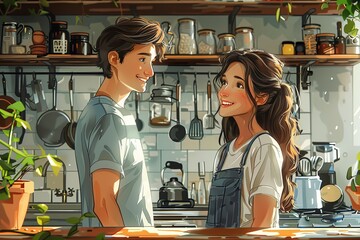 Poster - An illustrated image showcasing a man and a woman smiling at each other in a kitchen full of utensils and plants