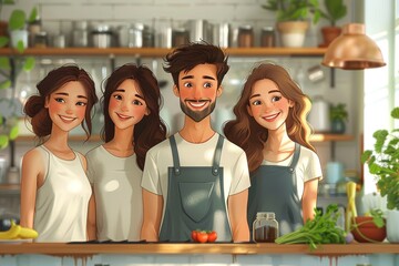 Wall Mural - Digital art of four animated characters, with two women and two men, gathered in a bright kitchen with plants