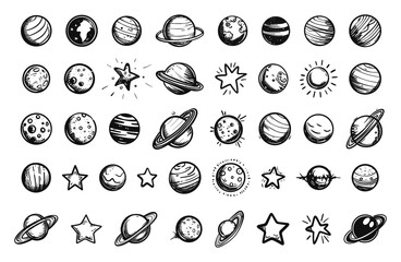 Wall Mural - hand-drawn cosmic elements. set of doodle icons featuring planets, comets, stars, astronomical objec