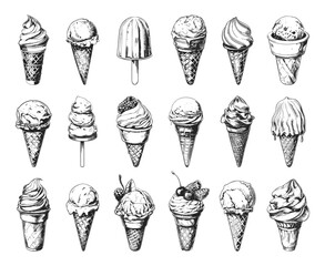 Wall Mural - Ice Cream Engraving Style Set. Low Detail, Crisp Contours. Line Sketch on White Background. Vintage, Dessert, Retro, Hand-drawn, Sweet Treats, Frozen Dessert, Illustrations