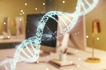 Wall Mural - Creative light DNA illustration on modern computer background, science and biology concept. Multiexposure