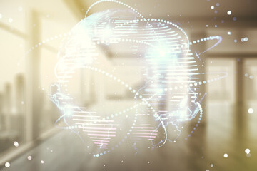 Wall Mural - abstract graphic digital world map hologram with connections on modern interior background, globaliz
