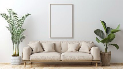 Wall Mural - Beige Sofa, Empty Frame, Green Plants, Minimalist Living Room Interior Design