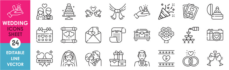 A set of line icons related to wedding and marriage. Weds, love, family, bride, groom, video, kiss, romantic, relationship and so on. Vector outline icons set.