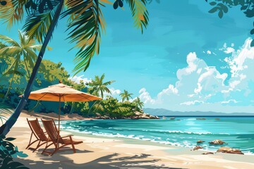 An illustration of a tranquil tropical beach scene with palm trees, chairs under an umbrella, and a clear blue sea