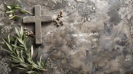 Ash Wednesday with cross, ashes and olive leaves on stone background. generative ai