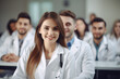 © Sajal.savar - Smiling Medical Students Are In A Classroom, Wearing Medical Uniform, Generative AI.